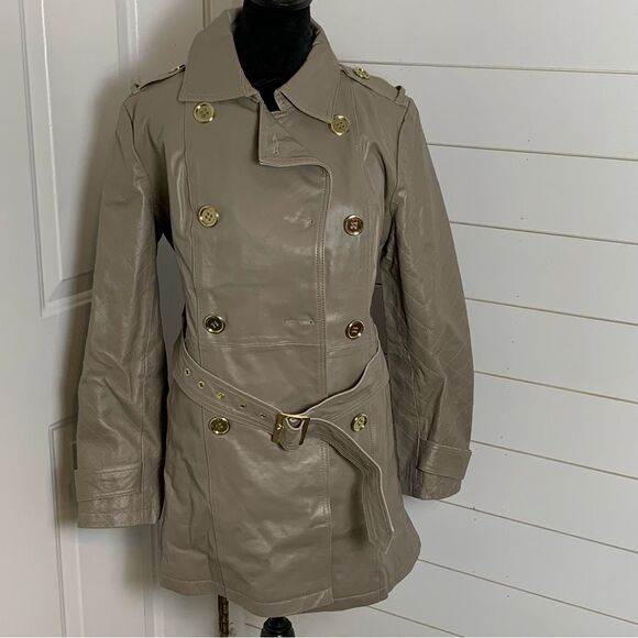 IMAN Platinum Collection Gray Leather Double Breasted Trench Coat size Medium - Picture 1 of 14
